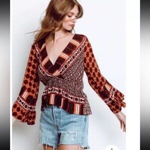 Free People Rosalie Faux Wrap Top Bell Sleeves Cinched Elastic Waist Size Medium
